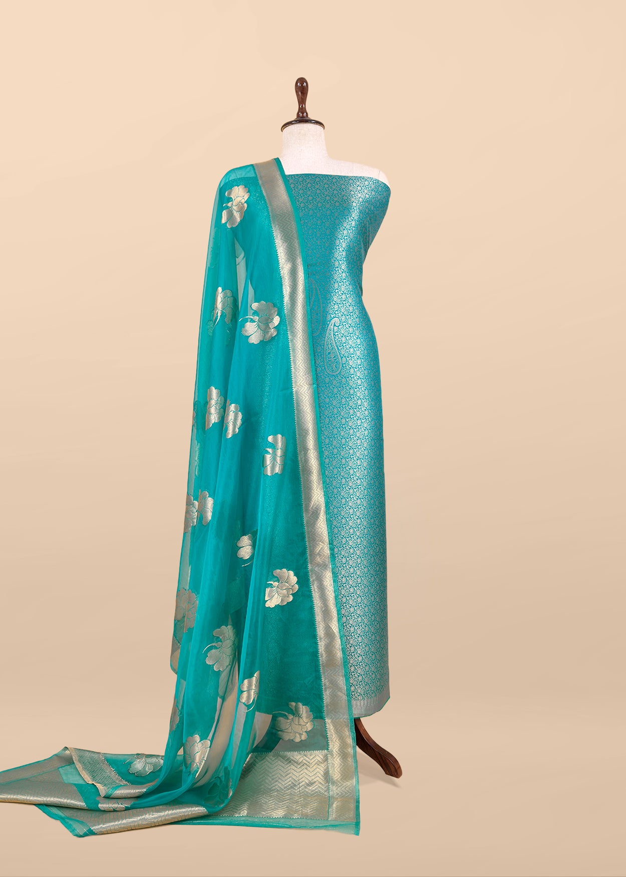 Sky Blue Designer Pure Brocade Silk Kurta and Organza Dupatta