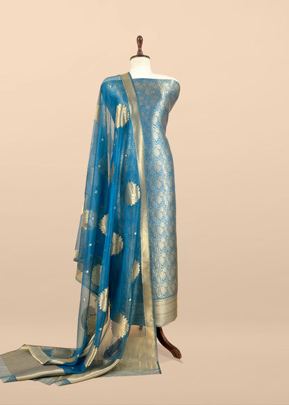 Dark Blue Designer Pure Brocade Silk Kurta and Organza Dupatta