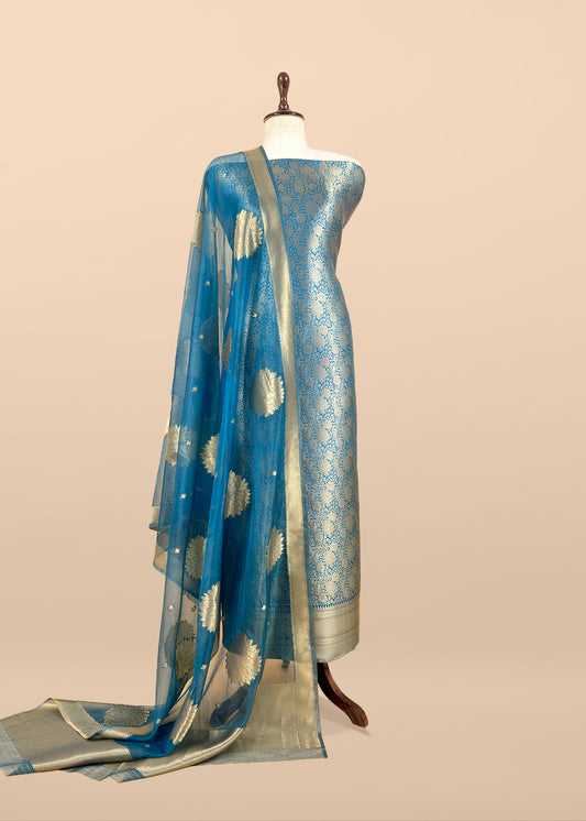 Dark Blue Designer Pure Brocade Silk Kurta and Organza Dupatta