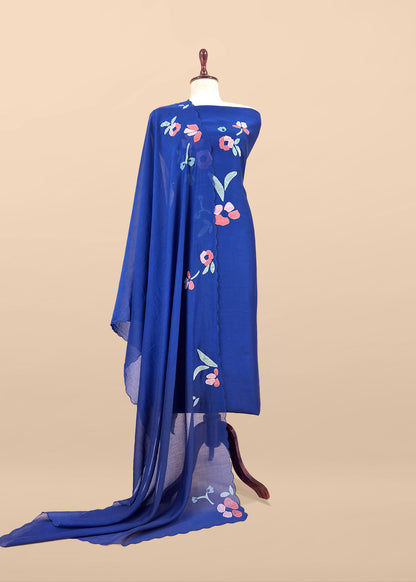 Royal blue Pure Mulmul Suit Fabric With Appliqué Work