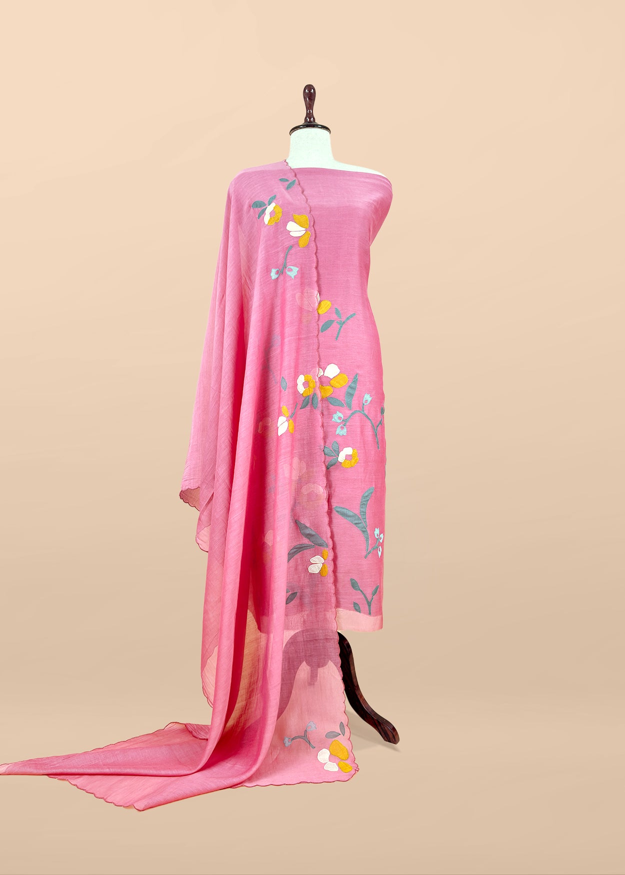 Pink Pure Mulmul Suit Fabric With Appliqué Work