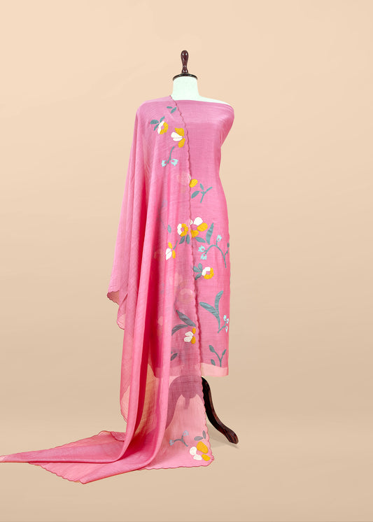 Pink Pure Mulmul Suit Fabric With Appliqué Work
