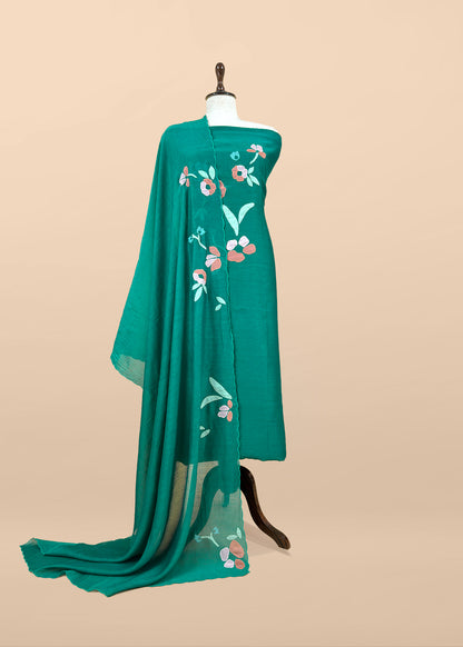 Green Pure Mulmul Suit Fabric With Appliqué Work