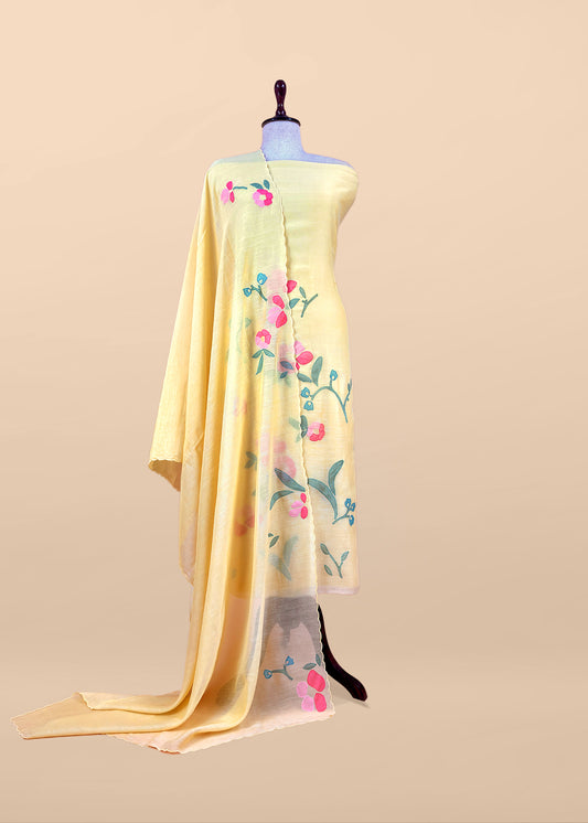 Pastel Yellow Pure Mulmul Suit Fabric With Appliqué Work