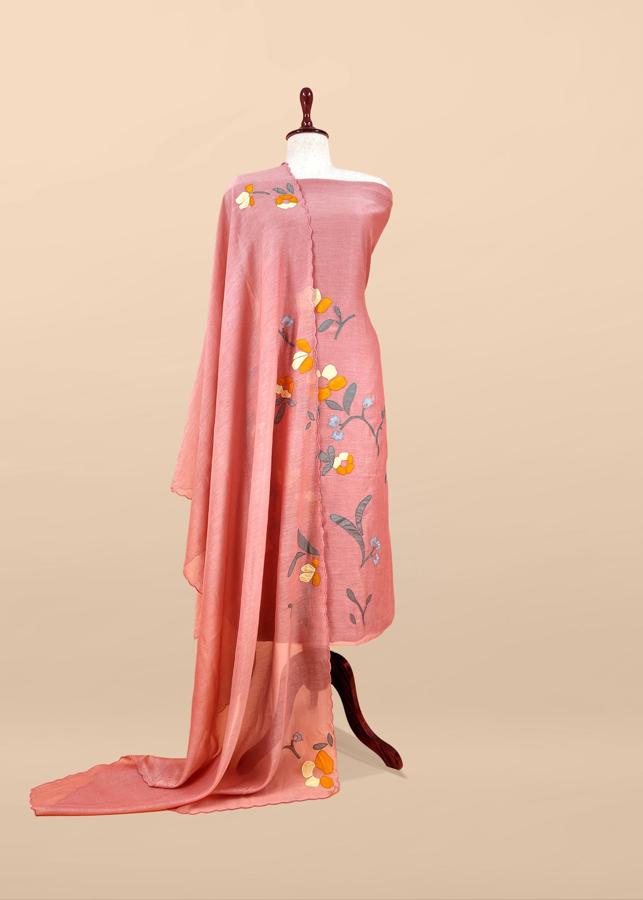 Blush Peach Pure Mulmul Suit Fabric With Appliqué Work
