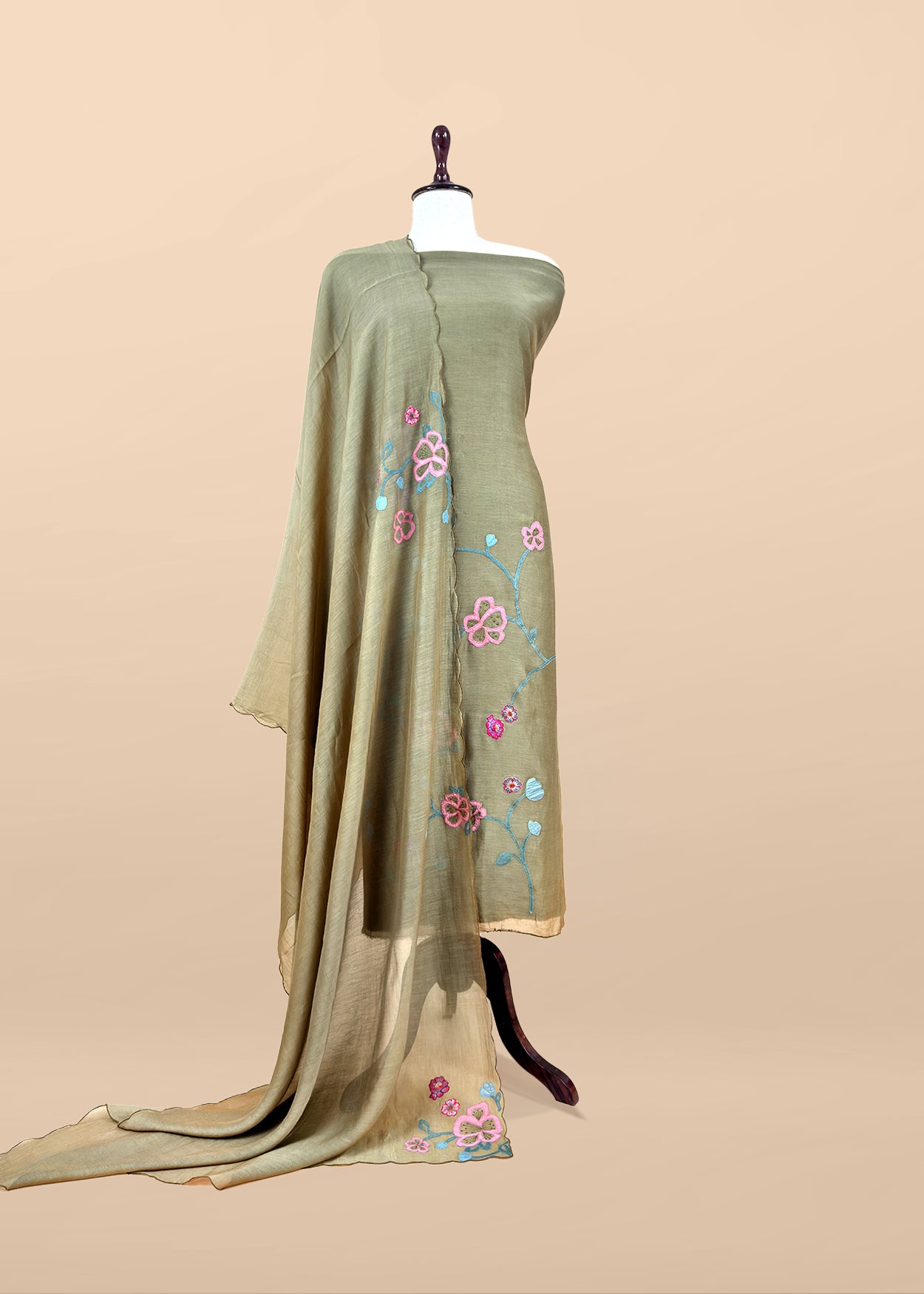 Mehndi Green Pure Mulmul Suit Fabric With Applique Work