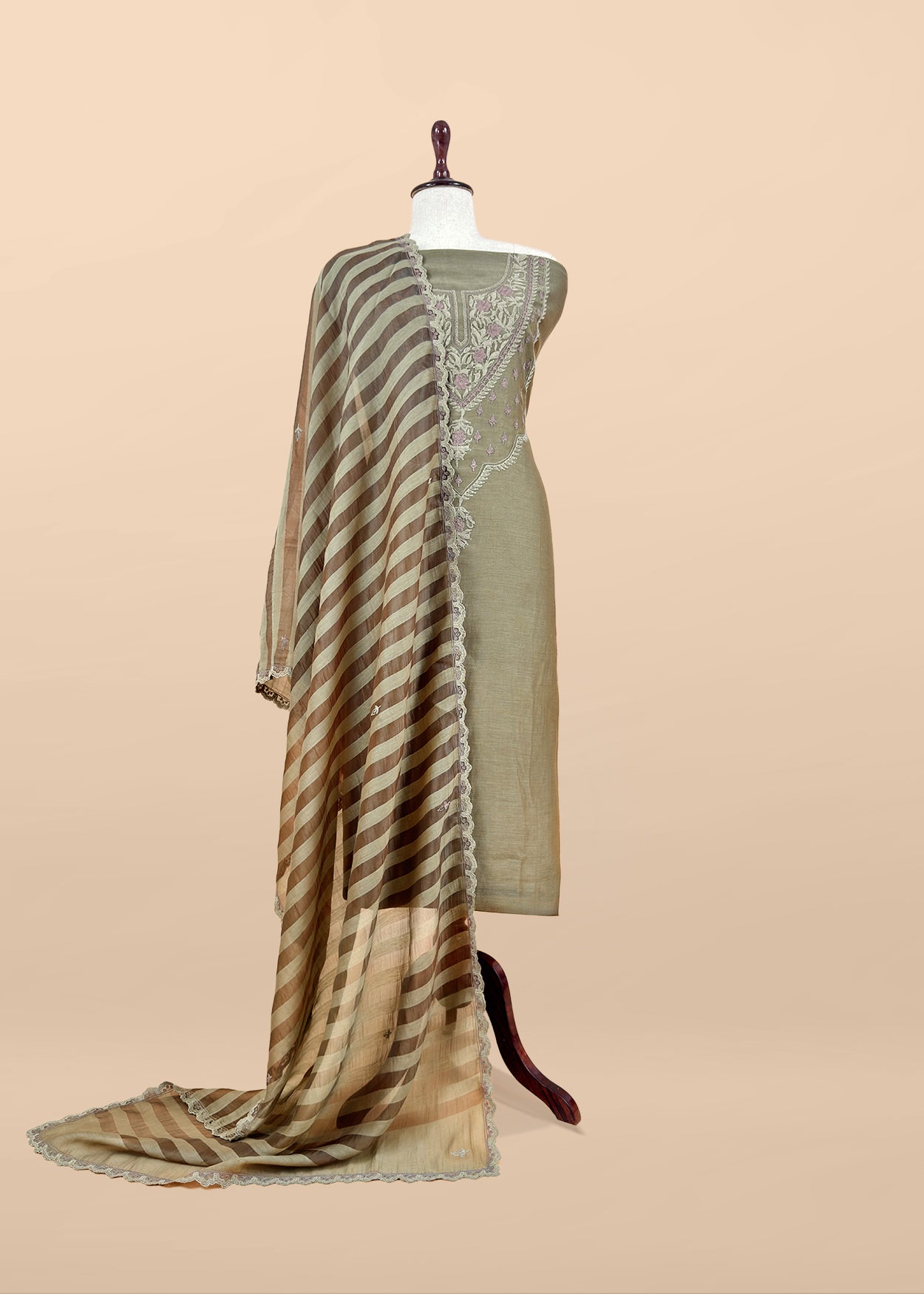 Mehandi Green Pure Mul unstitched Suit With French Thread Embroider