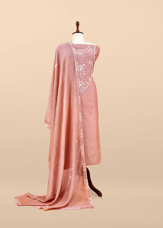 Peach Pure Mul Unstitched Suit With French Thread Embroider