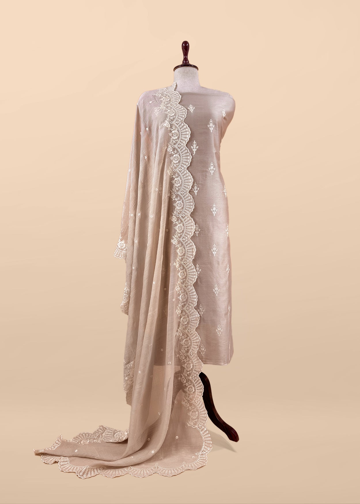 Off White Embroidered Unstitched Mulmul Suit With Scalloped Border