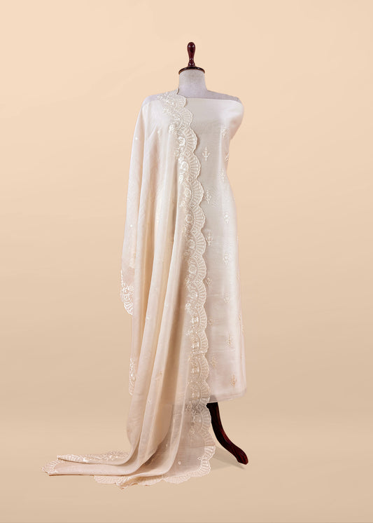 Off White Embroidered Unstitched Mulmul Suit With Scalloped Border