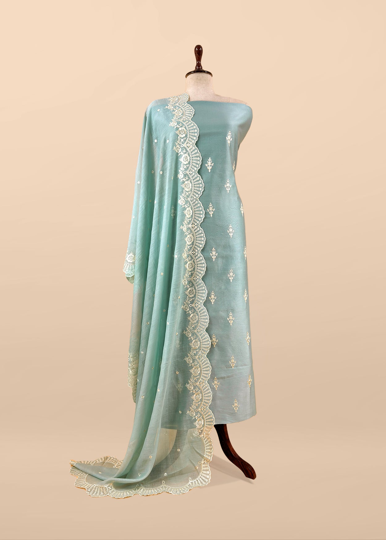 Off White Embroidered Unstitched Mulmul Suit With Scalloped Border