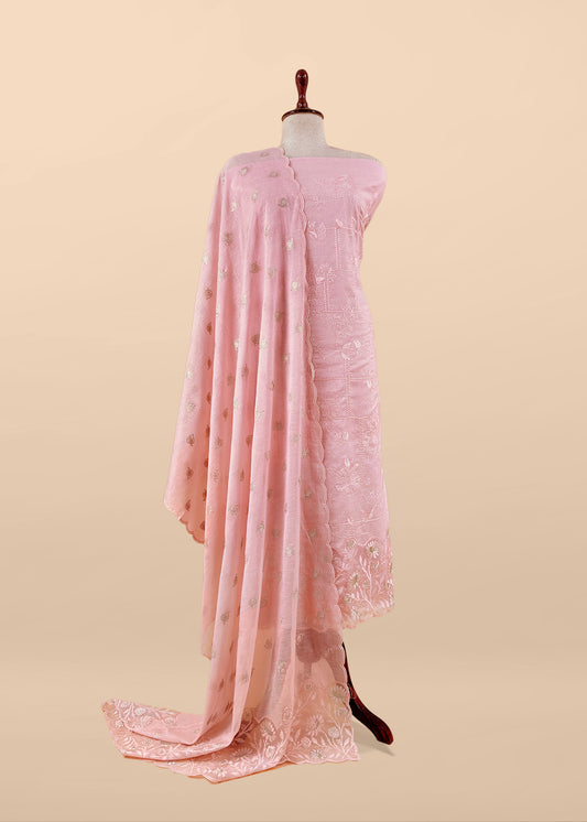 Pink Pure Mulmul Suit Fabric With Floral Resham Embroidery