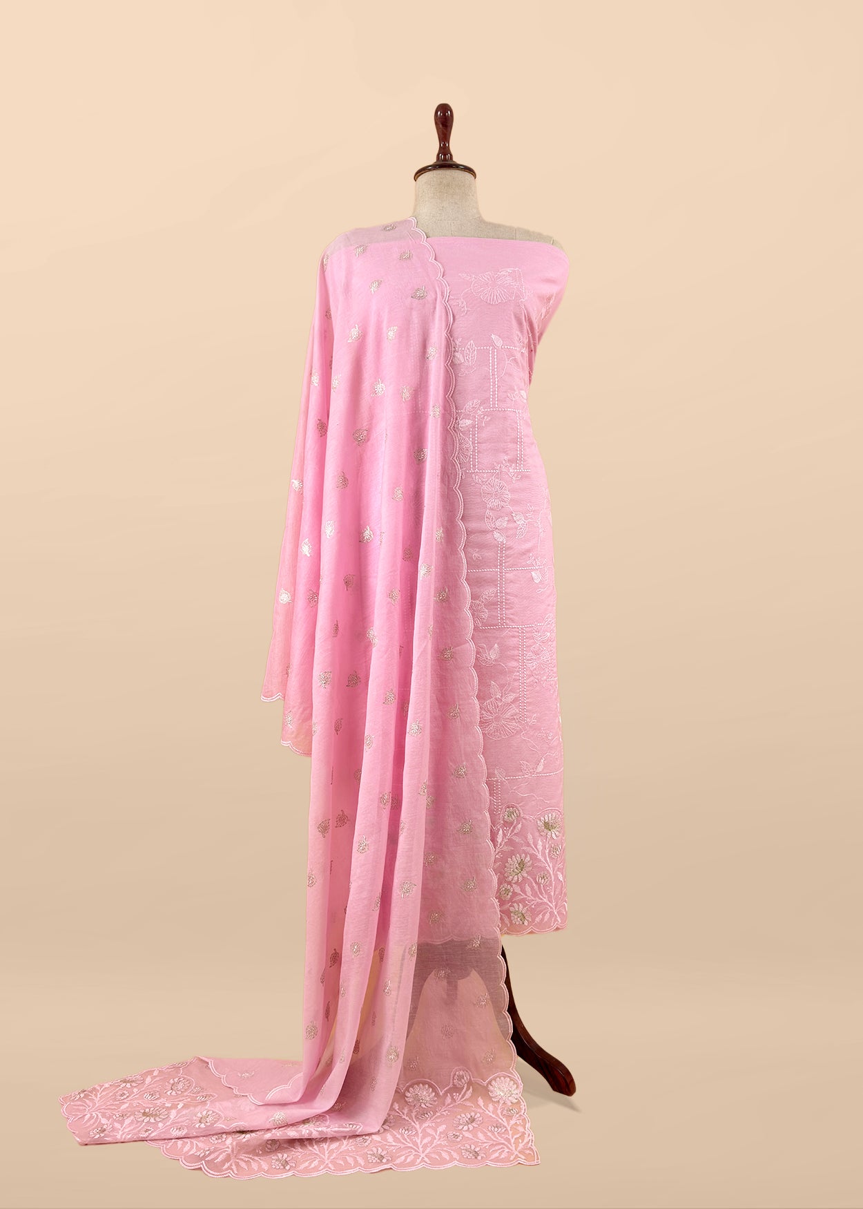 Pink Pure Mulmul Suit Fabric With Floral Resham Embroidery