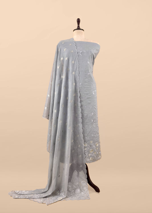 Grey Pure Mulmul Suit Fabric With Floral Resham Embroidery