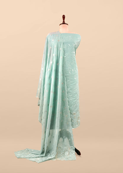 Mint Green Pure Mulmul Suit Fabric With Floral Resham Embroidery