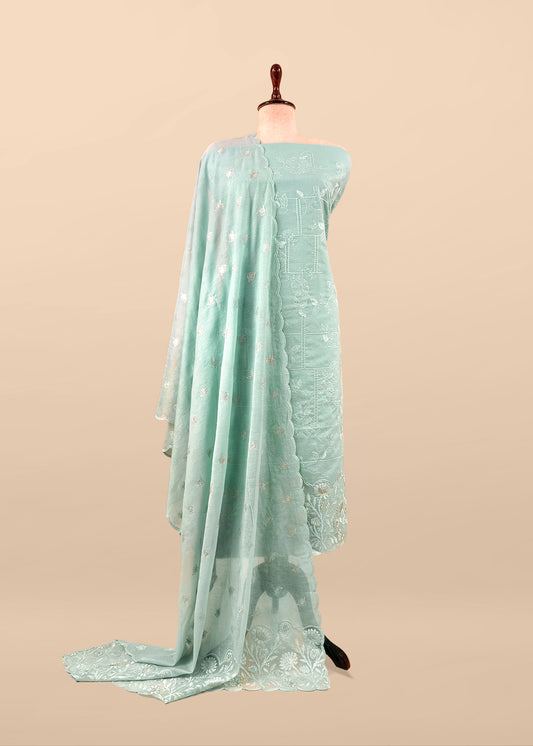 Mint Green Pure Mulmul Suit Fabric With Floral Resham Embroidery