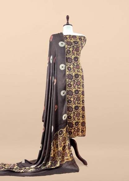 Yellow And Brown Nashpal Ajrakh Suits in Purest Modal by Tussar Fabric