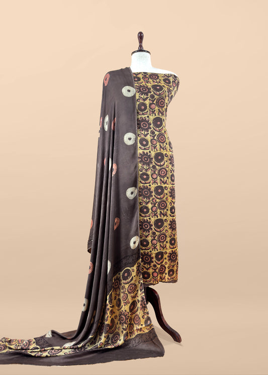Yellow And Brown Nashpal Ajrakh Suits in Purest Modal by Tussar Fabric
