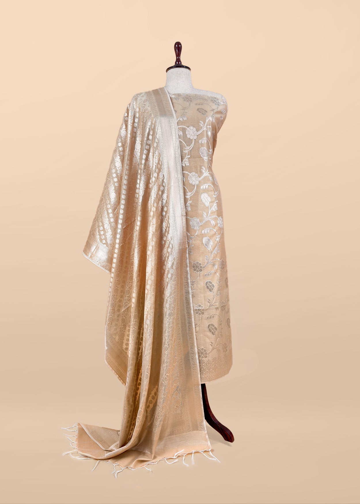 Peach Banarsi Silk Suit With Floral Zari Weaving
