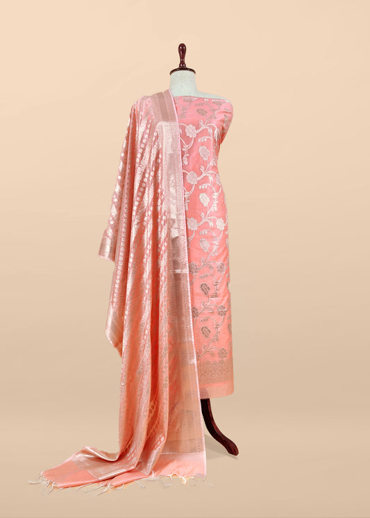 Peach Banarsi Silk Suit With Floral Zari Weaving