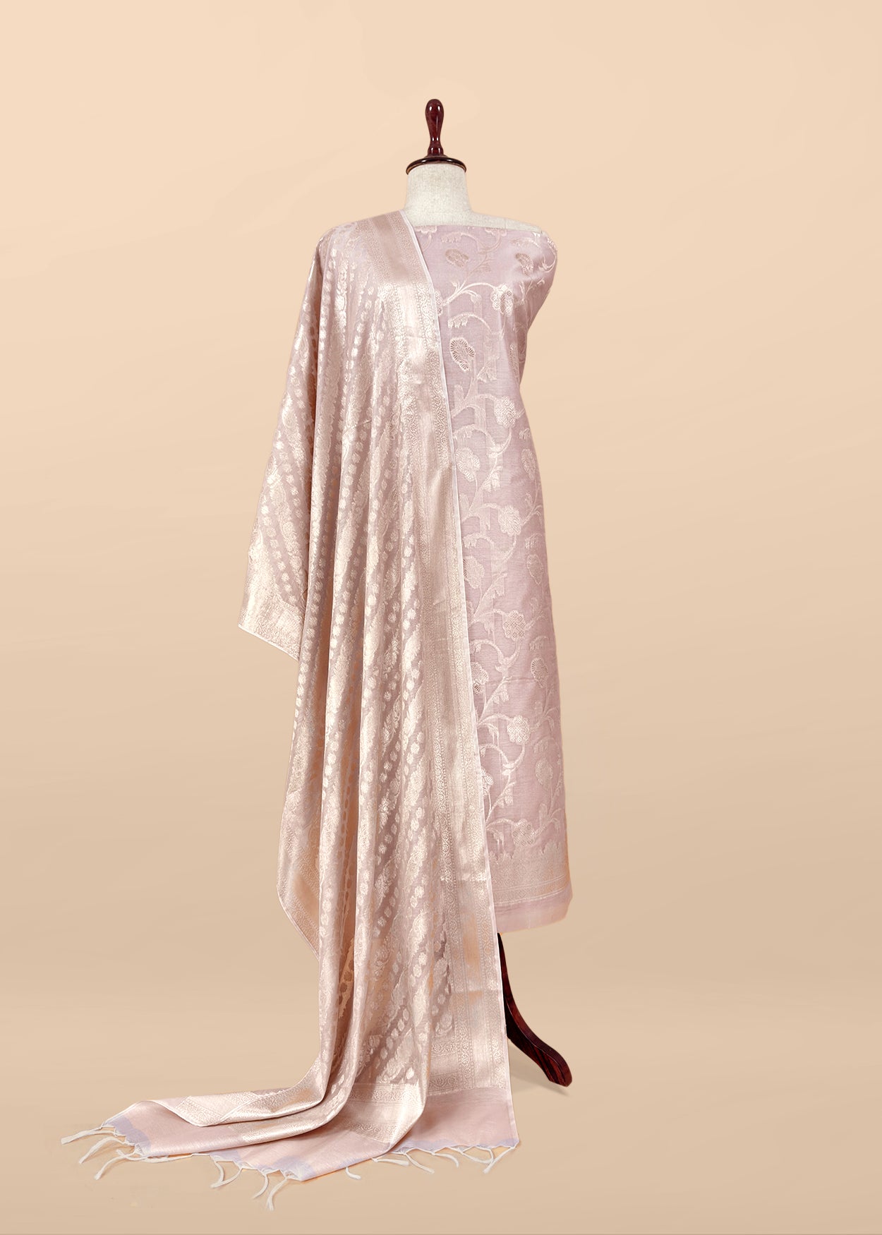 Peach Banarsi Silk Suit With Floral Zari Weaving