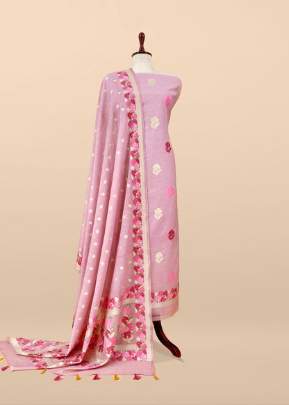 Puce Pink Handloom Banarasi Cotton Unstitched Suit Fabric With Meena Cutwork Weaving