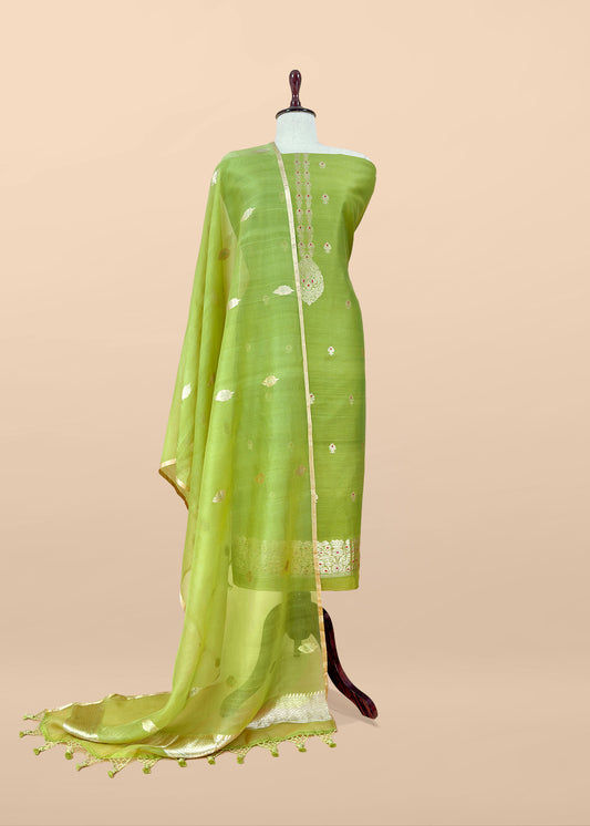 Dhaniya Green Handloom Silk Kurta And Kora Silk Dupatta With Meenakari Gold Kadwa Weaving