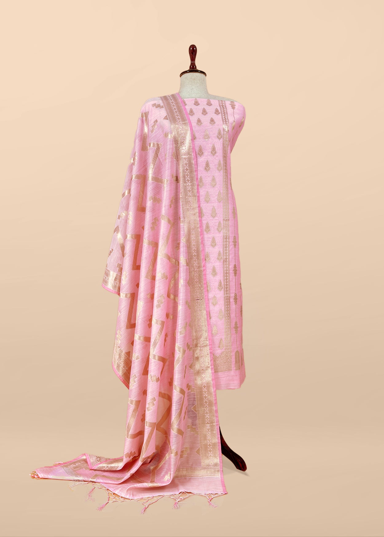 Beige Banarsi Silk Suit With Floral Zari Weaving
