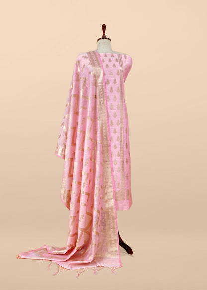 Pink Banarsi Silk Suit With Floral Zari Weaving