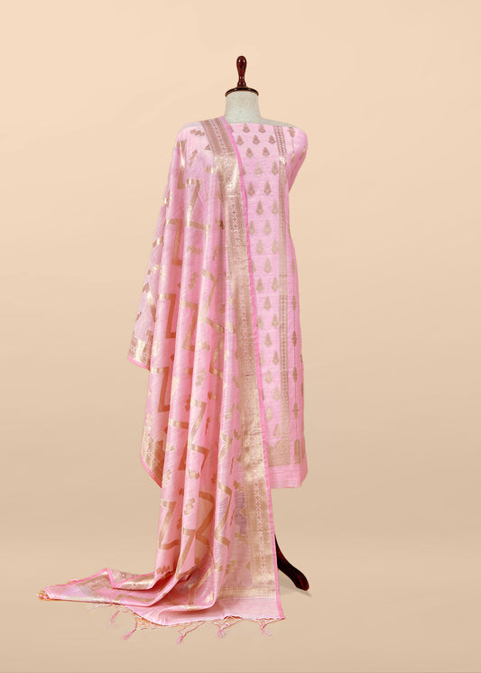 Pink Banarsi Silk Suit With Floral Zari Weaving