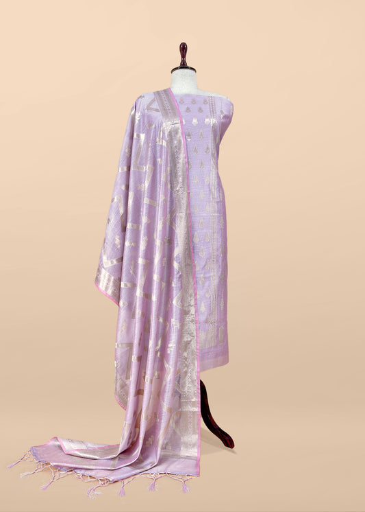 Pastel Purple Banarsi Silk Suit With Floral Zari Weaving