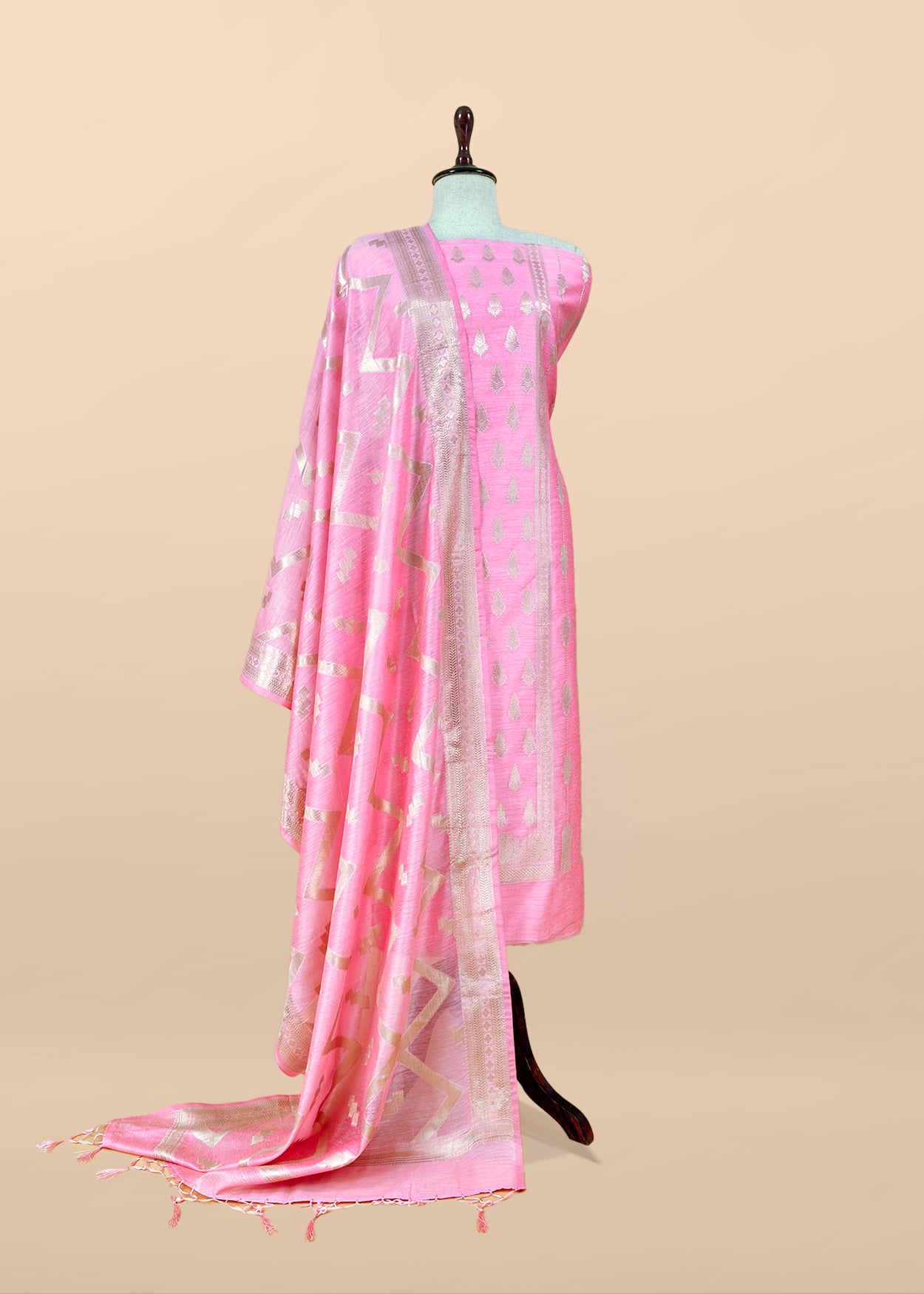 Beige Banarsi Silk Suit With Floral Zari Weaving
