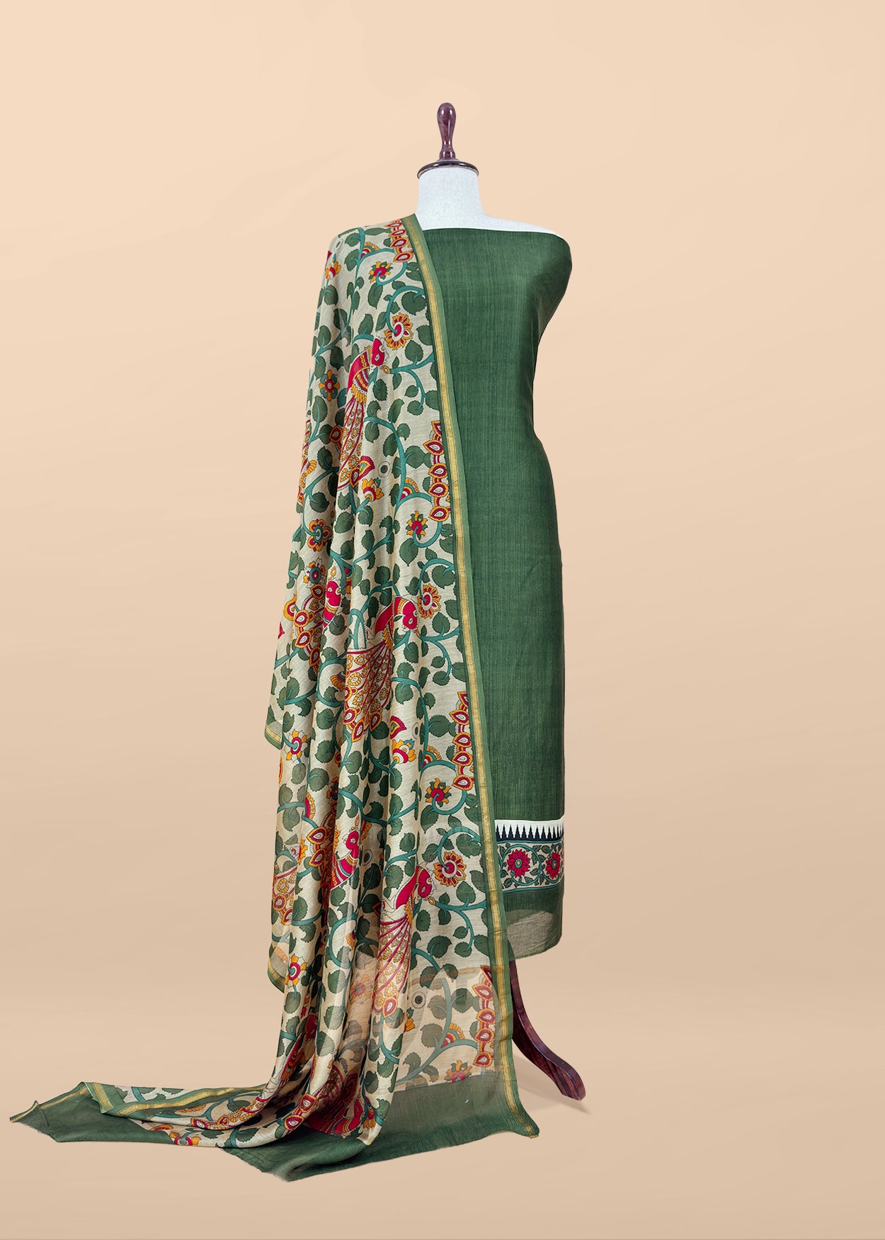 Green Pure Maheshwari Unstitched Suits With Kalamkari Dupatta