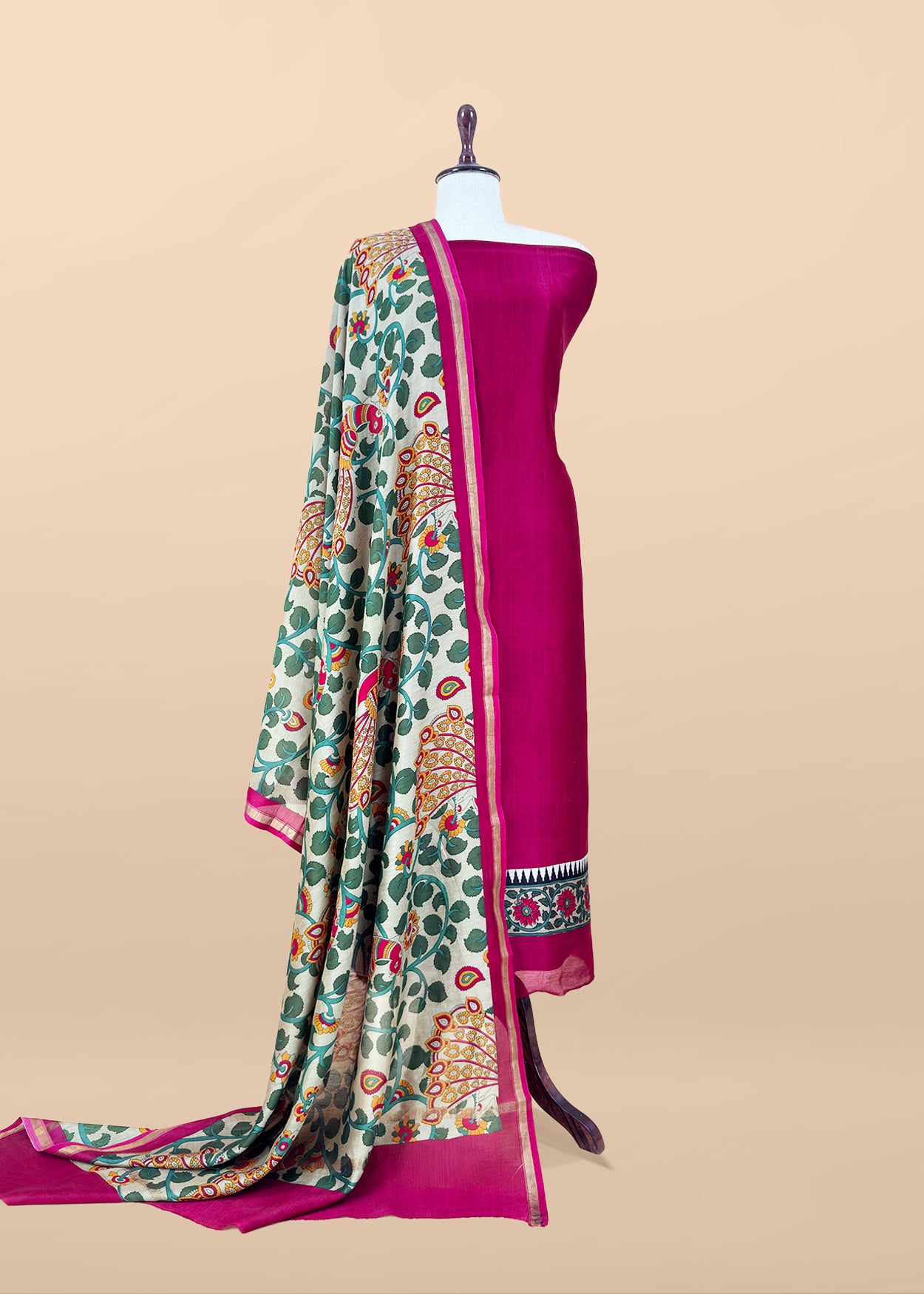 Green Pure Maheshwari Unstitched Suits With Kalamkari Dupatta