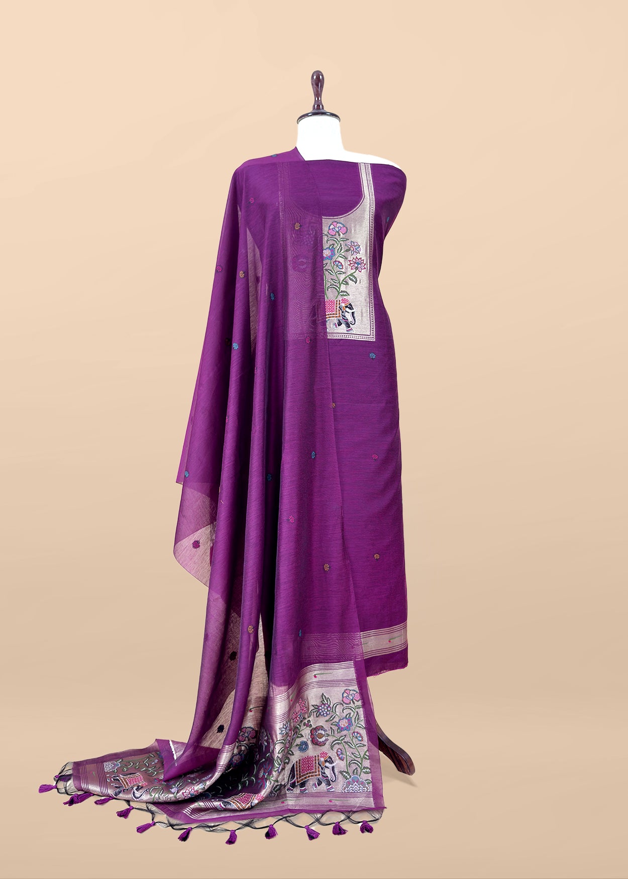Violet Jamdani Woven Unstitched Suit With Paithani Work