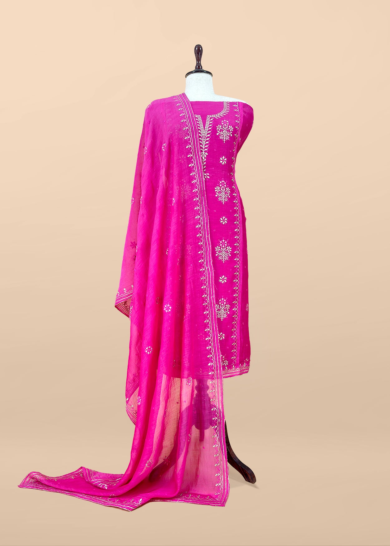 Pink Handloom Mul Chanderi Suit With Gold Pitta Hand Work And Embroidery