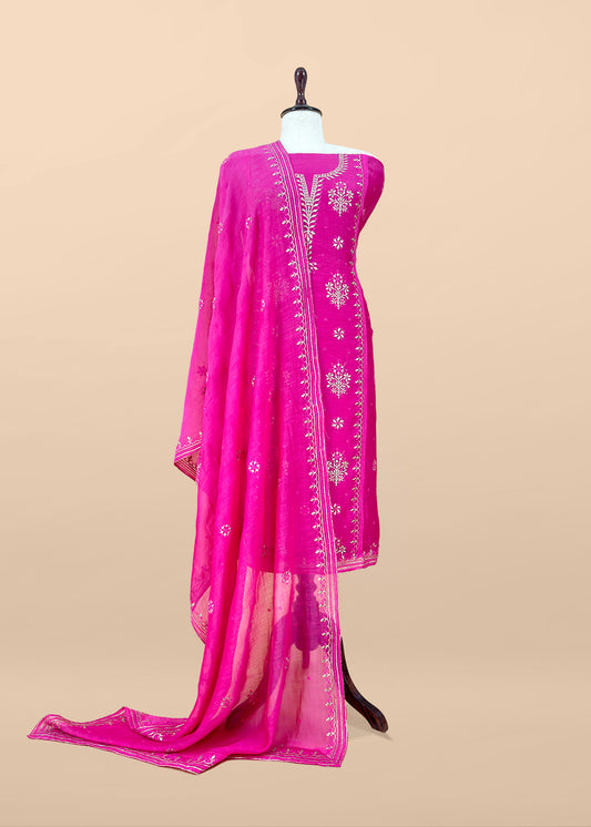 Pink Handloom Mul Chanderi Suit With Gold Pitta Hand Work And Embroidery