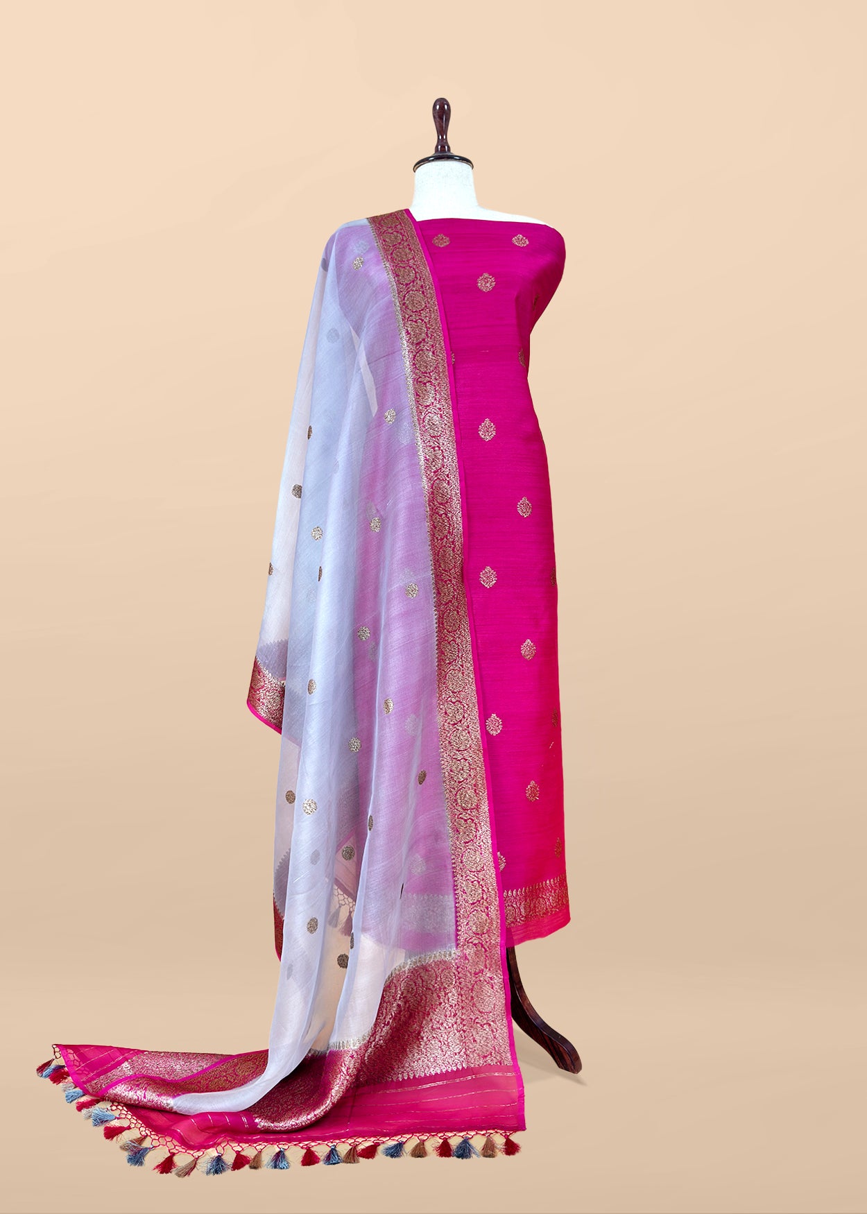 Pink Handloom Raw Silk Kurta And Kora Silk Dupatta With Gold Kadwa Weaving