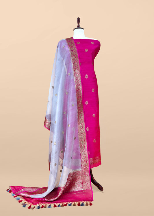 Pink Handloom Raw Silk Kurta And Kora Silk Dupatta With Gold Kadwa Weaving