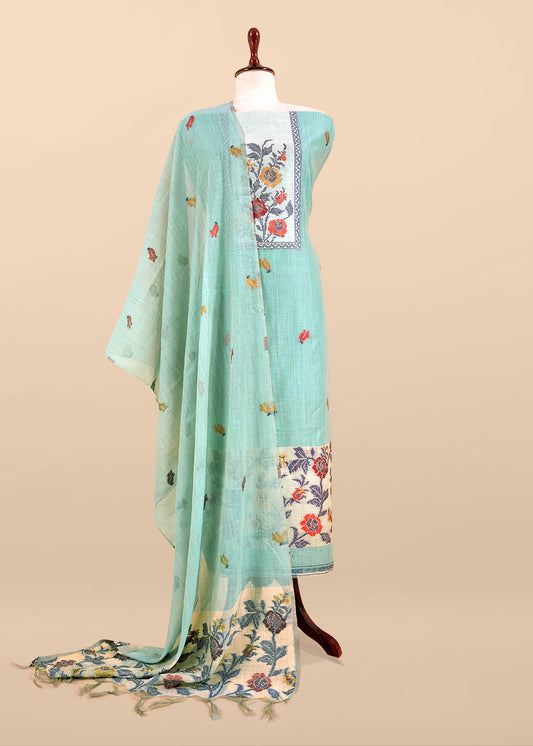 Mint Green Linen Chanderi Suit With Jamdani Weaving