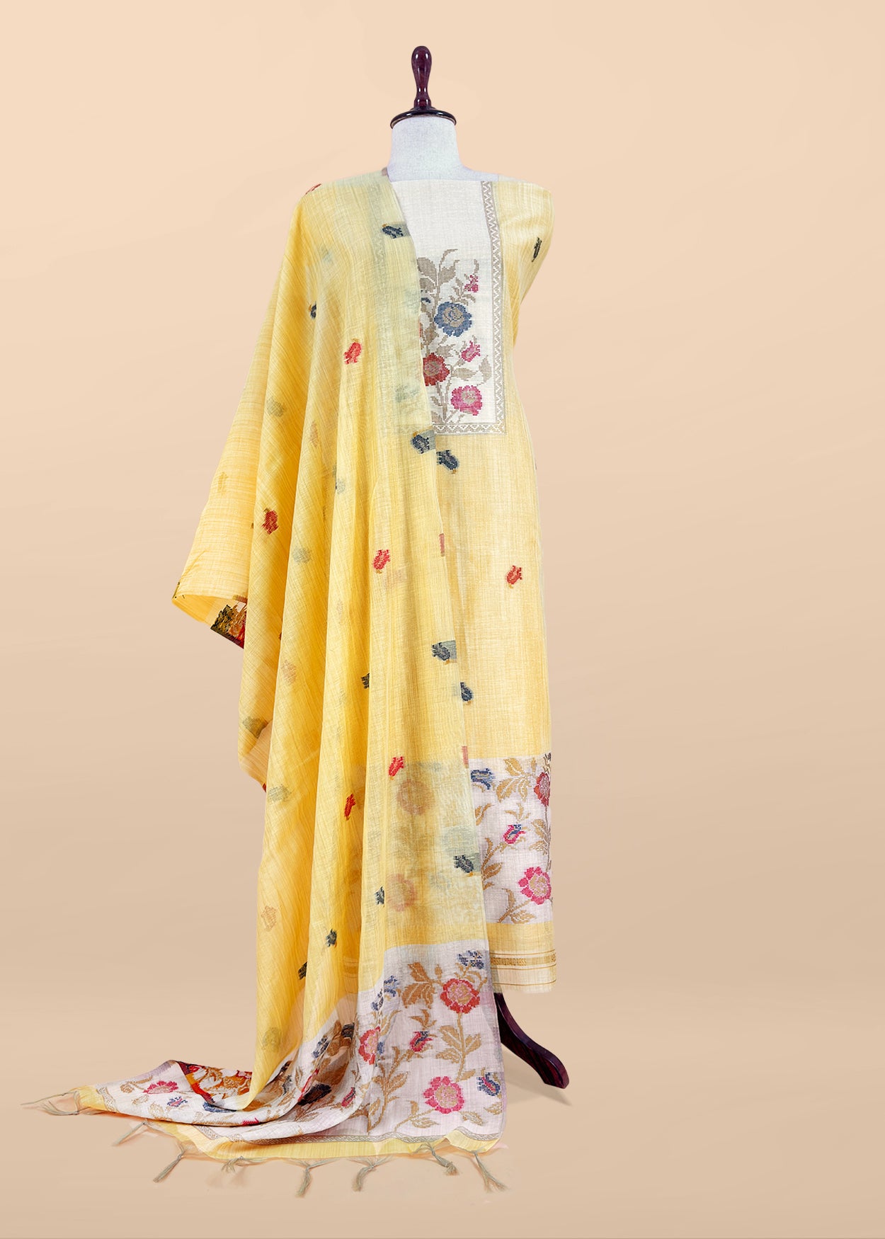 Yellow Linen Chanderi Suit With Jamdani Weaving
