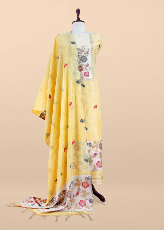 Yellow Linen Chanderi Suit With Jamdani Weaving
