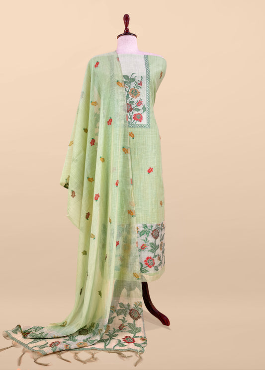 Green Linen Chanderi Suit With Jamdani Weaving