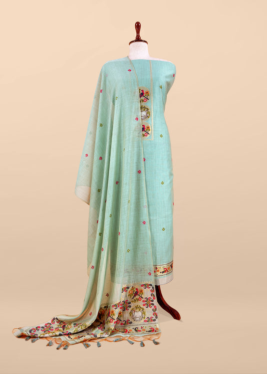 Blue Linen Chanderi Suit With Cow Pichwai Jamdani Weaving