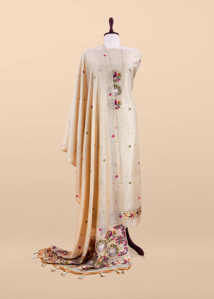 Beige Linen Chanderi Suit With Cow Pichwai Jamdani Weaving