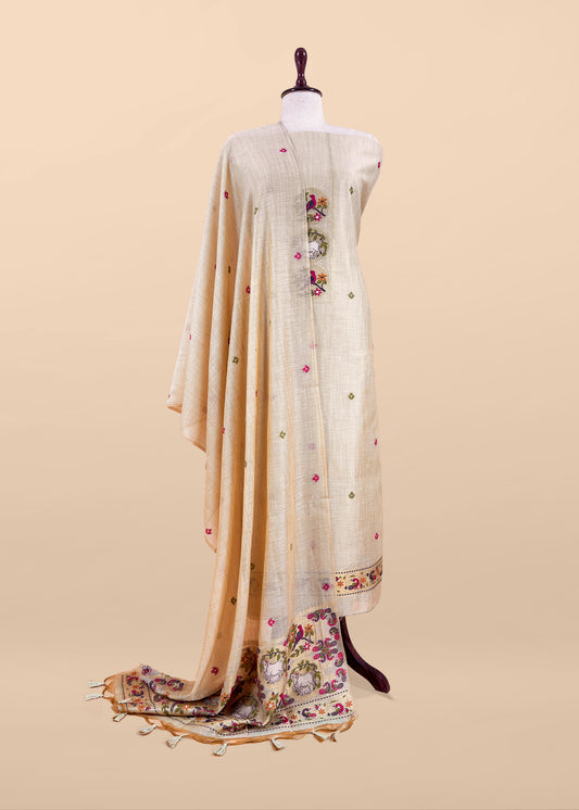 Beige Linen Chanderi Suit With Cow Pichwai Jamdani Weaving