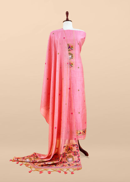 Pink Linen Chanderi Suit With Cow Pichwai Jamdani Weaving