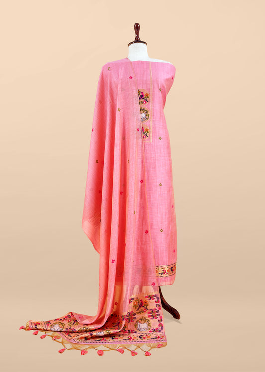 Pink Linen Chanderi Suit With Cow Pichwai Jamdani Weaving