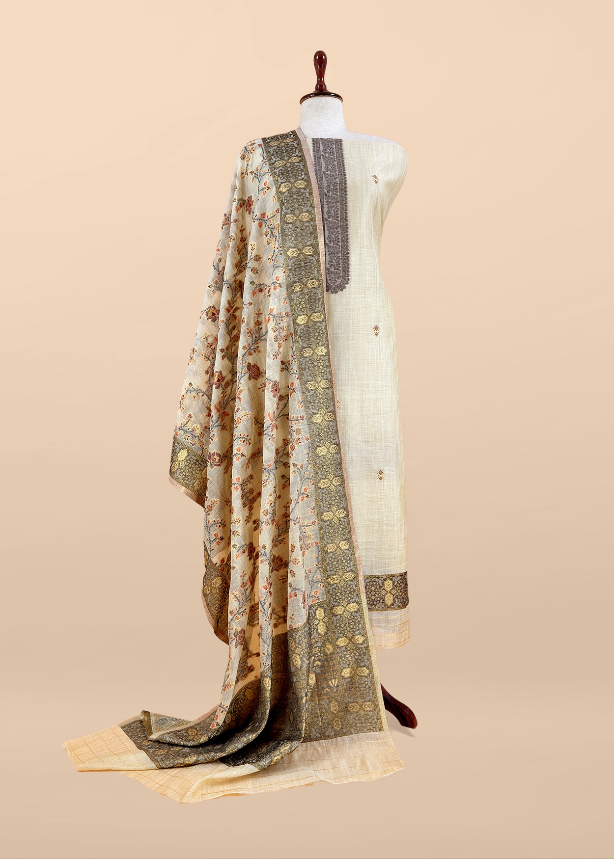 Beige Linen Chanderi Suit With Floral Jamdani Weaving