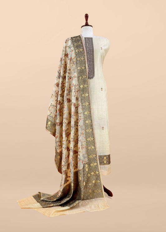 Beige Linen Chanderi Suit With Floral Jamdani Weaving